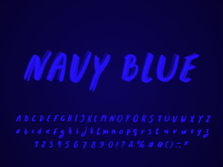 Italic hand brush Alphabet, Navy Blue color. Vector letters and numbers
