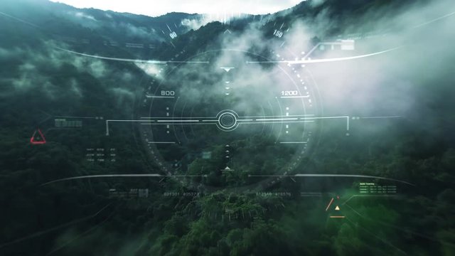 Aerial view from the fighter plane's cockpit flying over the low cloud cover mountain scape with head up display acquire targets and enemies location hidden in the dense mountain forest