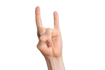 man hand show rock sign, goat gesture isolated on white background.