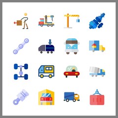 16 truck icon. Vector illustration truck set. transportation and piston icons for truck works