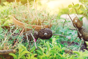 An artificial ant statue made from coconut, decorated on trees in the garden.