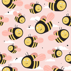 Bees, hand drawn seamless pattern. Colorful backdrop with insects. Decorative colored wallpaper, good for printing. Hand drawn overlapping background, beekeeping. Design illustration vector