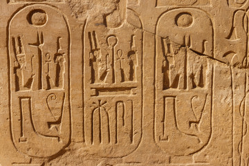 Ancient egyptian hieroglyphs on the wall in Karnak Temple Complex in Luxor, Egypt