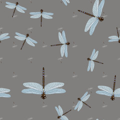 Seamless Pattern with dragonfly s and dandelion seeds. Dragonfly background.