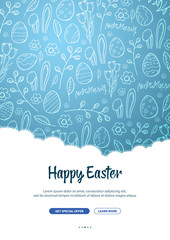 Happy Easter banner. Easter Eggs. Doodle hand draw background. Vector illustration.