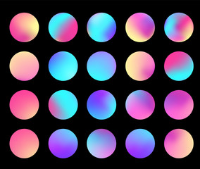 Rounded holographic gradient sphere set. Gradient colorful sphere in trendy style. Multicolor round buttons or vivid color spheres flat set. Vector illustration 10 eps