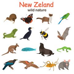 New Zeland wild animals color flat icons set for web and mobile design
