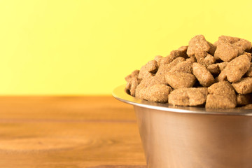Bowl with dog food on a wooden table. Close up.