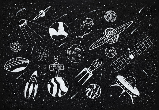 Hand drawn outer space objects over black background