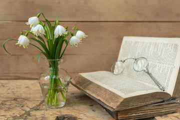 Alte Bibel, alte Brille und Frühlingsblumen auf altem Holztisch	