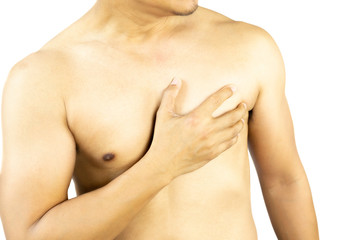 Man hand hold his chest  having heart pain isolated in clipping path.