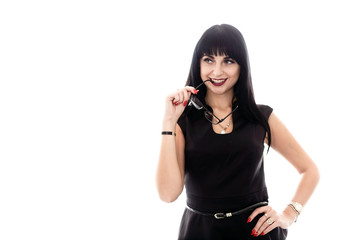 Portrait of young beautiful happy brunette woman with eyeglasses  smiling, isolated on white.