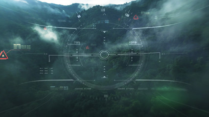 Aerial view from the fighter plane's cockpit flying over the low cloud cover mountain scape with head up display acquire targets and enemies location hidden in the dense mountain forest