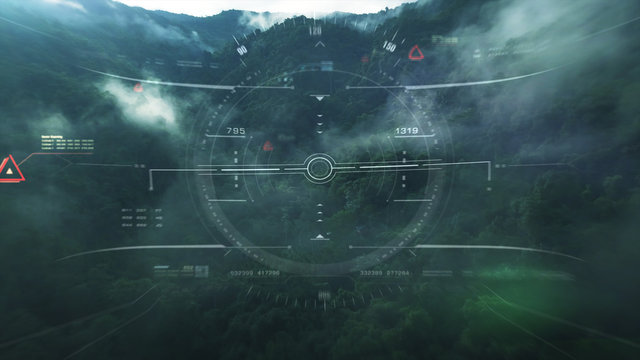 Aerial view from the fighter plane's cockpit flying over the low cloud cover mountain scape with head up display acquire targets and enemies location hidden in the dense mountain forest - Powered by Adobe