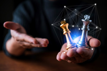 business decision strategy man hand chess with think action pose black background