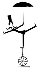 Mustache man in the top hat rides on unicycle illustration. Equilibrist mustache man in the top hat stands one leg on unicycle and holds an umbrella black on white illustration © bigmen