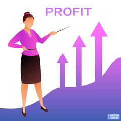 Woman in a business suit points to a graph.