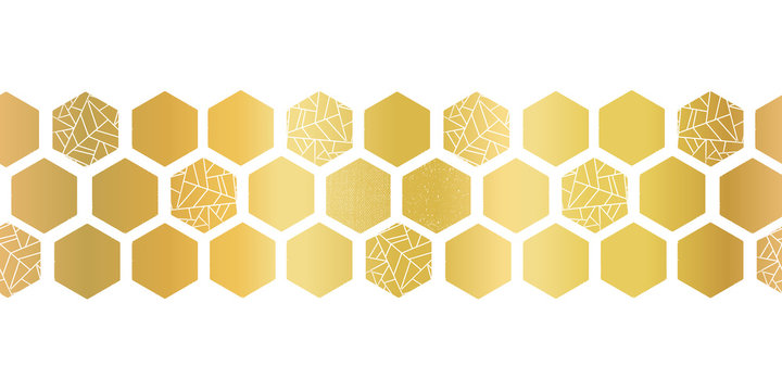 Gold Foil Hexagon Shapes Seamless Vector Border. Geometric Golden Hexagons With Texture. Elegant Design For Cards, Birthday Party, Wedding Invitation, Celebration, Banner, Digital Paper, Home Decor