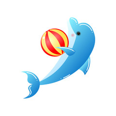 Bottlenose smart dolphin playing with ball isolated on white background