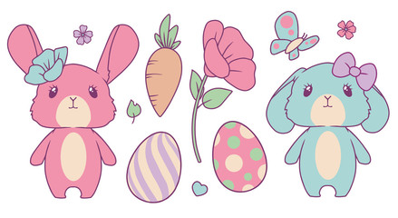 Cute cartoon vector collection set with pastel colored pink and blue bunny, spring flowers, butterfly, carrot, leaves and easter eggs