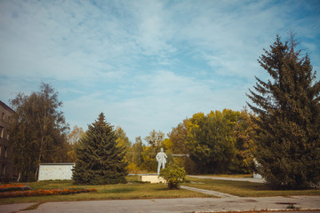 Monument to Lenin in Chornobyl exclusion zone. Radioactive zone in Pripyat city - abandoned ghost town. Chernobyl history of catastrophe. Lost place in Ukraine, USSR