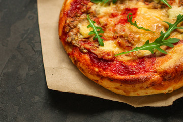 pizza, mushrooms, chicken, tomato sauce, cheese, (pizza ingredients and microgreen). hot pizza. Top view. copy space
