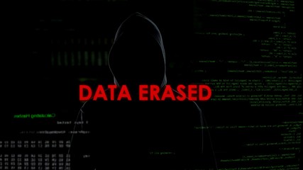 Data erased, unsuccessful attempt to hack server, criminal on codes background