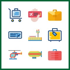 9 plane icon. Vector illustration plane set. plane ticket and suitcase icons for plane works