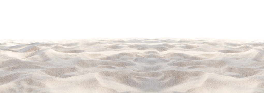 Sand beach texture isolated on white background. Mock up and copy space. Top view. Selective focus.
