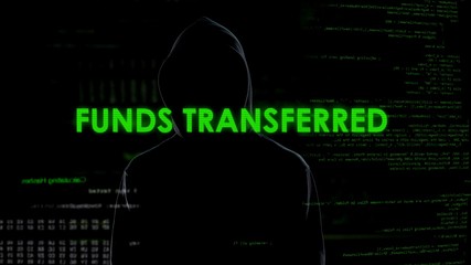 Male hacker transferring funds, money system protection, online banking error