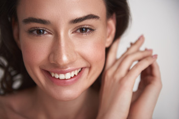 Close up portrait happy pretty brunette woman