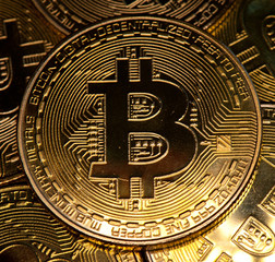 Bitcoins. Cryptocurrency, close-up