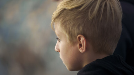 Little football fan watching match at stadium, supporting favorite team, league