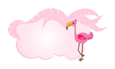 Frame for text with flamingo. Infobox with a cartoon character. Flamingo in a block for text. Tropical frame for banner, text with flamingos and palm leaves