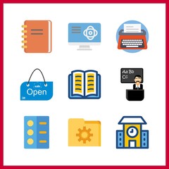 9 book icon. Vector illustration book set. school and typewriter icons for book works