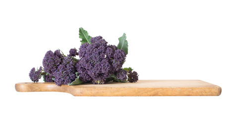 Early purple sprouting broccoli spring vegetable, with wooden food cutting board. Isolated on white. Low angle view.