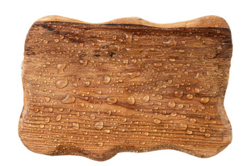 Beautiful raindrops on a wooden frame made of wood. Isolated on white background.