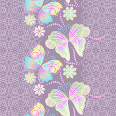 Fototapeta na wymiar Lace butterflies and flowers, vertical seamless pattern. Vector print. Use for braid, tape, ribbon.
