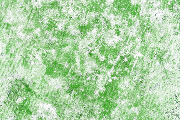 Grunge leaking paint wet wall. Dirty stained green concrete backdrop for graphic design.