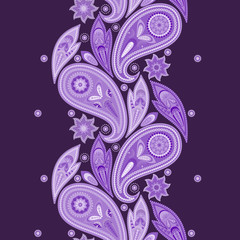 Lace vertical seamless pattern with paisley. Vector print. Monochrome  background. Use for embroidery, braid, tape, ribbon. 