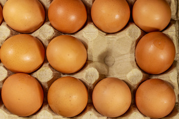 Raw chicken eggs in cardboard egg box with empty space