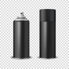 Vector 3d Realistic Black Blank Spray Can, Spray Bottle with Cap Closeup Isolated on Transparent Background. Design Template of Sprayer Can for Mock up, Package, Advertising, Hairspray, Deodorant etc
