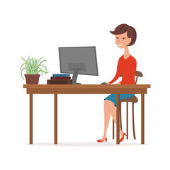 Woman working at the computer. Cartoon character of an office worker. Woman sitting at the table and working at the computer. Flat style vector illustration. 