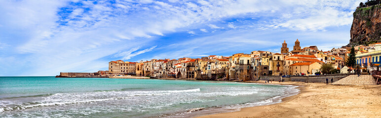 Sicily island - beautiful coastal Cefalu town. Panoramic view of the beach. south of Italy