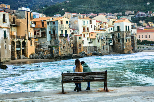 Sicily island - beautiful romantic Cefalu , view of old town from the pier. Italy