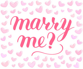 Fototapeta premium Will you marry me hand drawn vector lettering, isolated pink phrase to propose and pop the question, script calligraphy with hearts background, sign proposal isolated, vector art for postcard