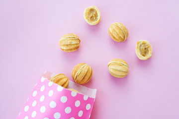 Homemade cookies, nuts with condensed milk. Flatley with homemade cakes.