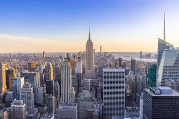 Draagtas New York City Skyline in het centrum van Manhattan met Empire State Building en wolkenkrabbers bij zonsondergang USA © Worawat
