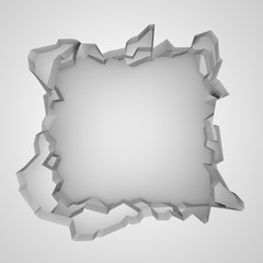 Dark destruction cracked hole in white stone wall