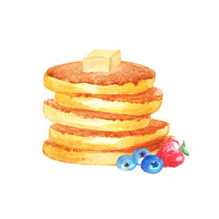 Breakfast. Watercolor pancakes with three blueberries and strawberrie in bottom and butter in the top isolated in white background. Can be used for menu, cards, invitations